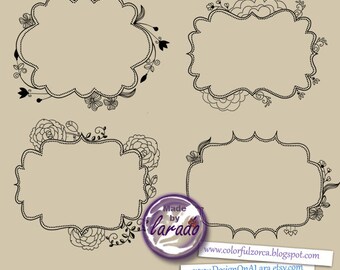 Digital doodle frames, Handsketched doodle frame, Vintage Digital Frame, Wedding frames clip art, frames with curls, flowers and dots frames