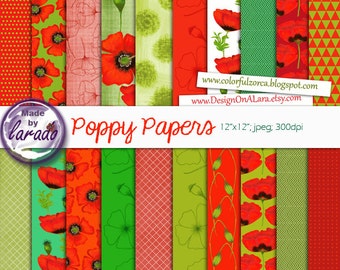 Poppies Digital Papers, Poppies Patterns, Poppy Scrapbooking Papers, handpainted poppies papers, Digital Floral Poppy Papers,  Red Poppies