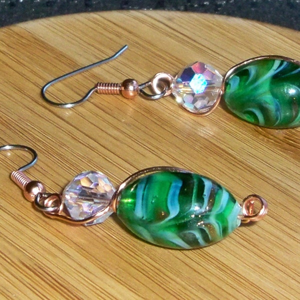 Green Lampwork Rice and vintage crystal cut glass bead earrings with Copper handwire handmade hypo-allergenic