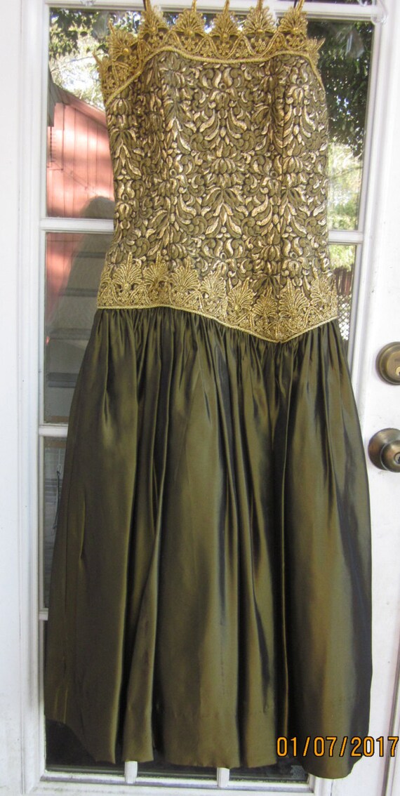 Gold and bronze cocktail dress--1980s, Eugene Alex