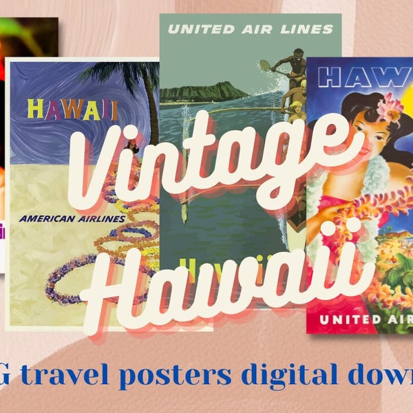 Instant Download, Vintage Hawaii Travel posters, travel wall art, airline advertisement, 5 antique vacation decorations