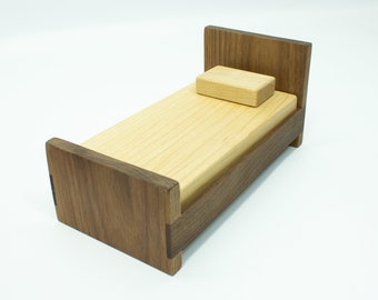 Wood Dollhouse Bed, Miniature Walnut Furniture, Dark Wood, Mini