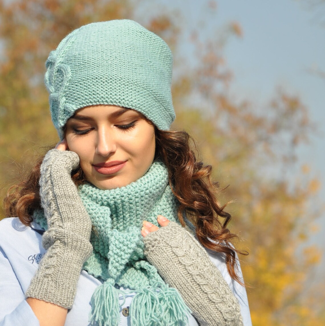 Hat Scarf Set Knit mint triangle chunky scarf for women Cowl Etsy