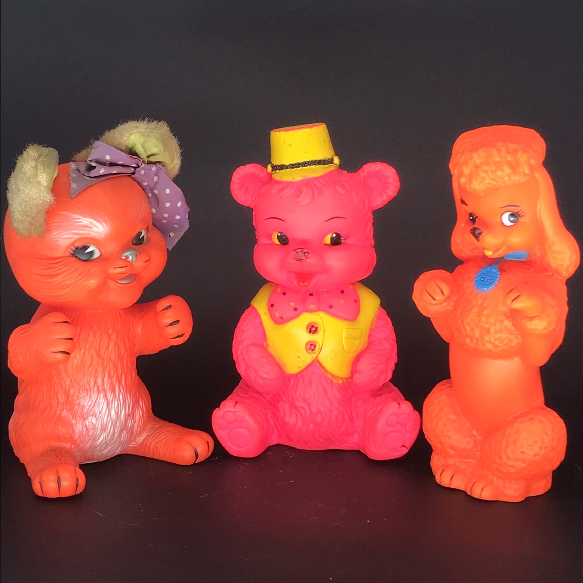 Vintage Squeak Vinyl Flashy Pink Teddy Bear Toy With Bow Tie Etsy