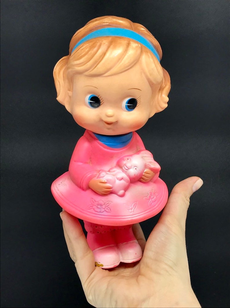 Rare Vintage Vinyl Squeak Toy Girl Doll With Cat Etsy