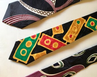 Set of 3 Vintage 1980's-90's Men's Abstract Silk Ties Halston