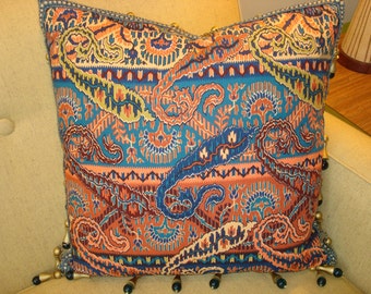 Vintage Brunschwig and Fils Paisley Pillow with Wood and Glass Bead Tassel Trim