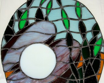 Vintage Stained Glass Hanging Panel Oyster Shell and Pearl 1970's