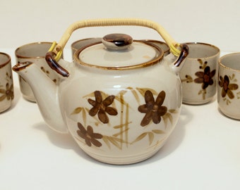 Vintage 1970's Hand Painted Stoneware Tea Set with 10 cups