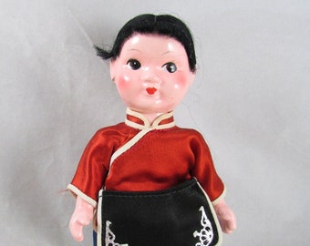 Chinese Character Doll 7" Composition Strung Hand Painted Braided Hair Vintage