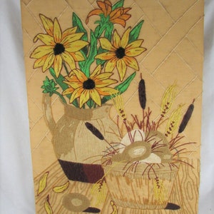 Crewel Still Life Floral Crewel Wall Hangings Art Vintage 15 x 20 Cattails Yellow Black Eyed Susan