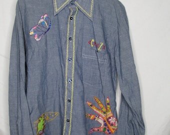 Chambray Hand Embroidered Shirt Size Medium Vintage Mr Cellini Long Sleeve