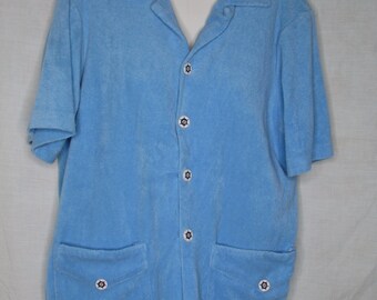 Terry Velour Swimsuit Cover-Up Jacket Pool Beach Small Front Pockets Short Sleeves Nautical Buttons Vintage 1950s