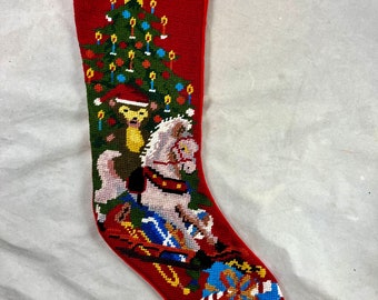 Needlepoint Christmas Stocking Toys Tree Rocking Horse Handmade 20" Holiday Decor