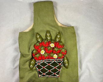 3D Strawberry Fruit Basket Applique Purse Felt Appliqués Burlap Tote Purse Vintage