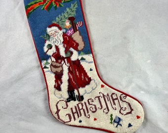 Needlepoint Christmas Stocking Santa Claus Bag of Toys Snowy Landscape Handmade 20.5" Holiday Decor Wool