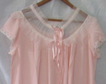 Radcliffe Tricot Pink Nightgown Fancy Sheer Collar Ribbons Size S Vintage 1960s