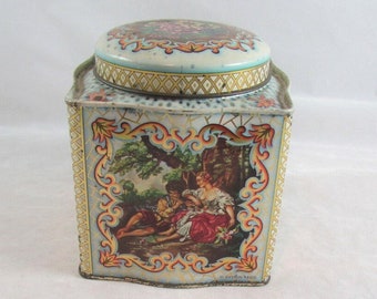 Daher Square Tin Romance Courting Scenes Canister Made in England with Lid Vintage