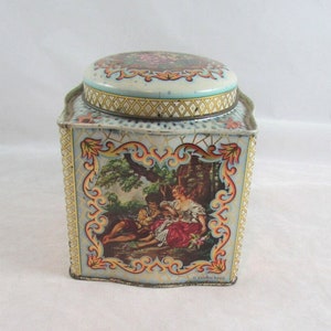 Daher Square Tin Romance Courting Scenes Canister Made in England with Lid Vintage