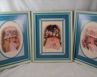 Gruerio Girls in Flower Hats Set of 3 Prints Wall Hangings Framed Mod Whimsical Art 1970s