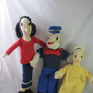 Popeye Olive Oyl Swee&#39;Pea Handmade STuffed Cloth Dolls Set of 3 Home Sewn Vintage