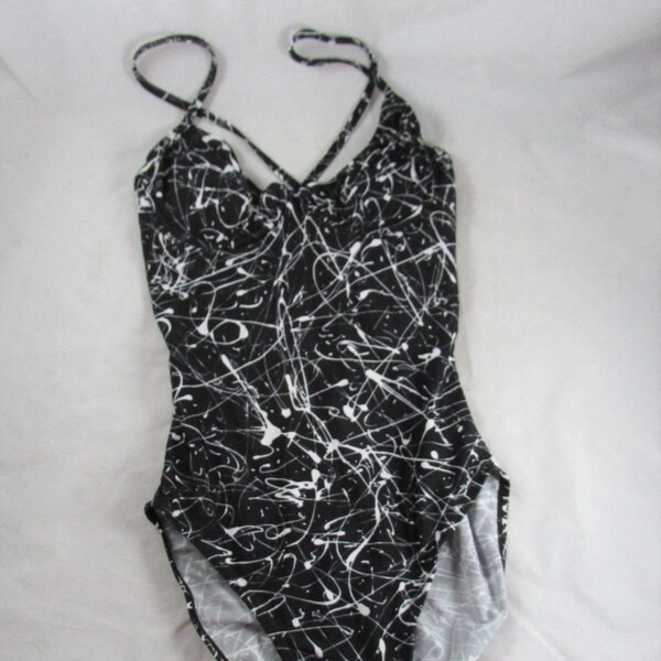 Sun Streak by Newport News One-Piece Swimsuit Size 10 Black White Pollock Inspired