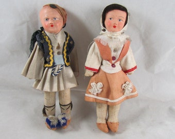 7" Greek Boy Girl Dolls(2)  Soldier Female Woman Costumes Handmade Vintage