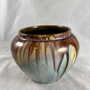 Belgium Art Pottery Blue Brown Drip Glaze Bulbous Vase 4.75&quot; Vintage Faiencerie Thulin