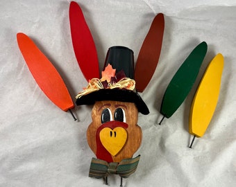 Turkey Pumpkin Decoration Wood Head 5 Feathers Thanksgiving