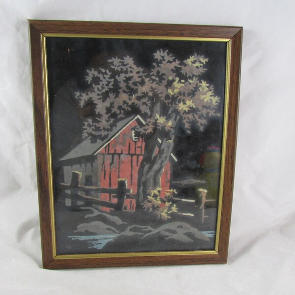 Paint by Number Painting on Black Velvet Night Scene Red Barn Tree  11 x 9 Framed Mid Century PBN