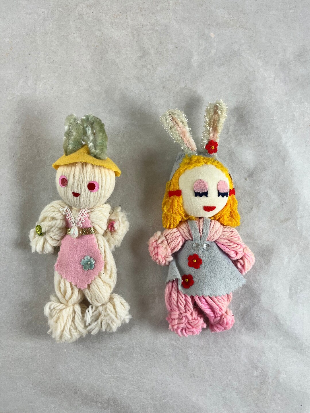 2 Bunny Rabbit Yarn Dolls Chenille Ears Embellished Outfits Vintage ...