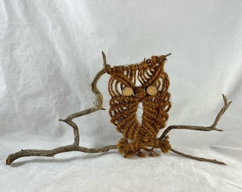 Macrame Owl on Branch Wall Hanging 15" x 8" Vintage 1970s