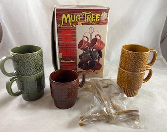 Ceramic Mug Tree Set with Original Box Mid Century Japan Made