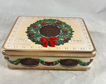 OREO Cookie  Holiday 1 Pound Tin Container Lidded Nabisco Advertising 1990