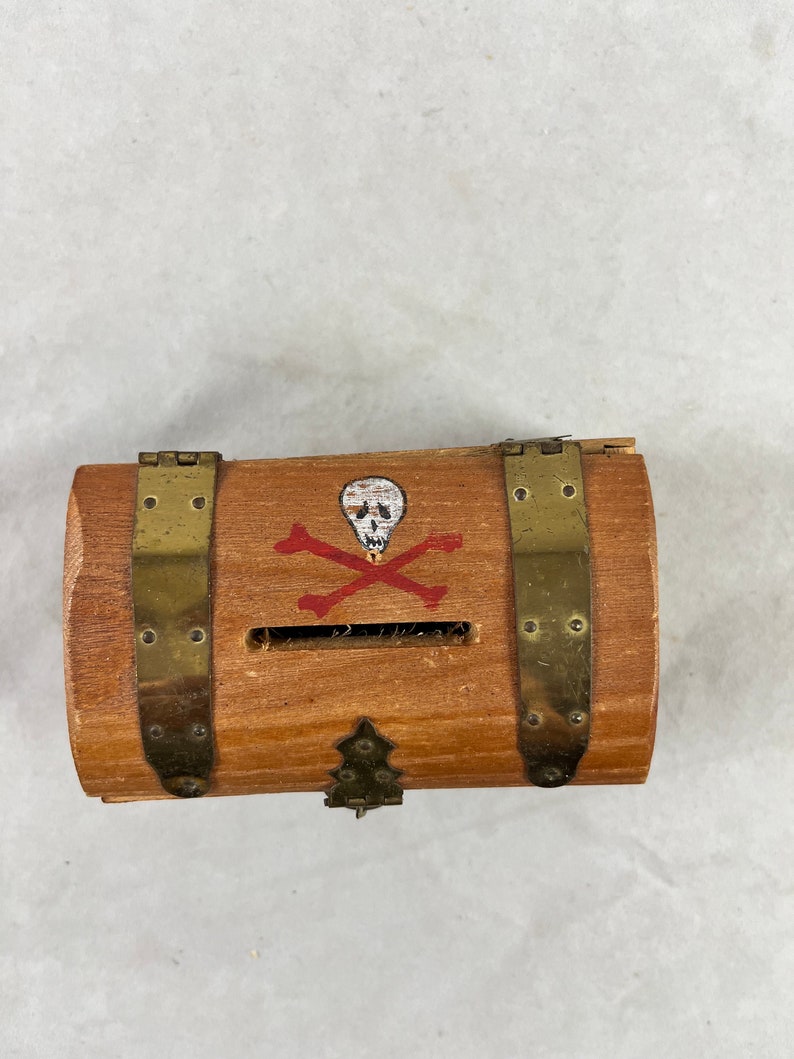 Mini Pirate Treasure Chest Bank Trinket Jewelry Box Vintage Rustic Wood Skull Crossbones Hardware Japan 1960s image 2
