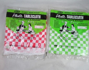 Red White Check Tablecloth Plastic 84 x 40 Rectangular Mid Century New Old Stock Made in USA Sani Speed