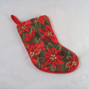 Poinsettia Needlepoint 10&quot; Christmas Stocking Wool Holiday Fireplace Mantel Decor