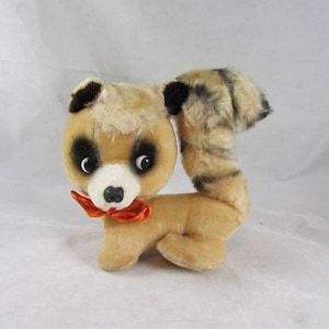 Stuffed Plush Squirrel 7&quot; Glass Eyes Bushy Tail Red Bowtie Vintage 1960s