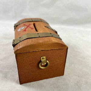 Mini Pirate Treasure Chest Bank Trinket Jewelry Box Vintage Rustic Wood Skull Crossbones Hardware Japan 1960s image 5