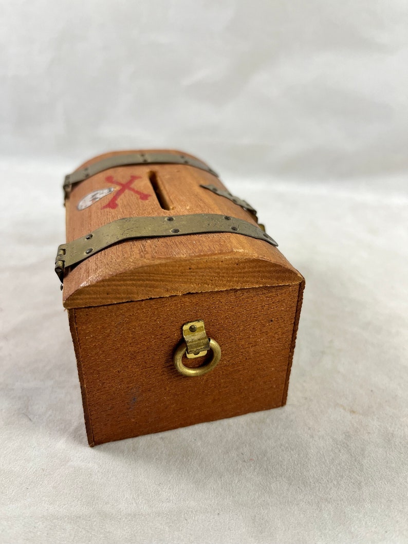 Mini Pirate Treasure Chest Bank Trinket Jewelry Box Vintage Rustic Wood Skull Crossbones Hardware Japan 1960s image 5