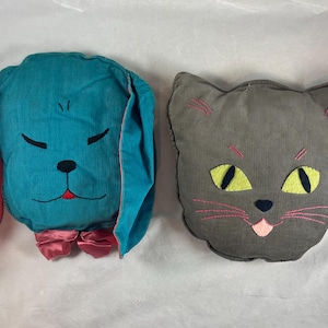 Animal Throw Pillows Puppy Dog Kitty Cat Heads Stuffed Corduroy Kitsch Whimsical Vintage 1960s