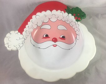 Santa Face 15.5" Plastic Serving Dish Candy Bowl Holiday Decor Vintage 1990s
