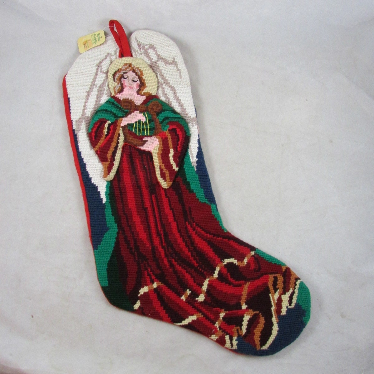 Angel Harp Needlepoint Christmas Stocking Wool Poinsettia Velvet Red Angel Harp Needlepoint Christmas Stocking Wool Poinsettia Velvet Red
