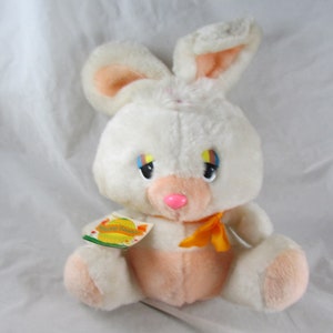 Easter Bunny Rabbit Plush White Peach Faux Fur Applied Plastic Eyes Pink Nose Animal Toy USA Vintage 1983