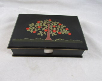 Otagiri Japan Lacquerware Stationery Box with Note Paper American Folk Art Apple Tree Motif Warren Kimble Design Vintage