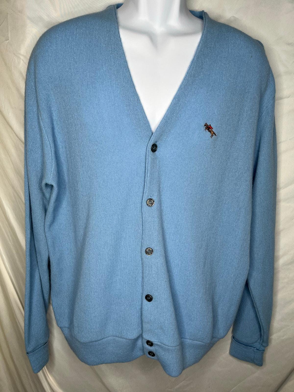 Steeplechase Grandpa Cardigan Sweater Mens XL Blue Acrylic USA Made Vintage 1970s