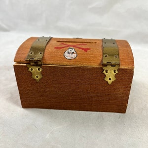 Mini Pirate Treasure Chest Bank Trinket Jewelry Box Vintage Rustic Wood Skull Crossbones Hardware Japan 1960s image 4