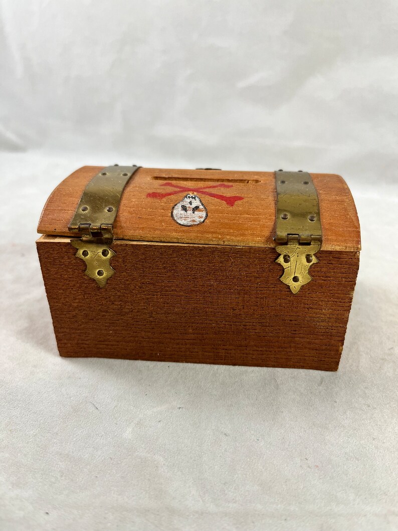 Mini Pirate Treasure Chest Bank Trinket Jewelry Box Vintage Rustic Wood Skull Crossbones Hardware Japan 1960s image 4