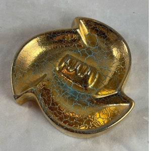 Crackle Glaze Ashtray Gold Turquoise Mid Century Hollywood Regency
