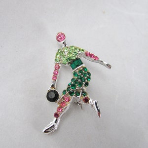 Woman Bowler Pin Multi Colored Rhinestones Brooch Vintage